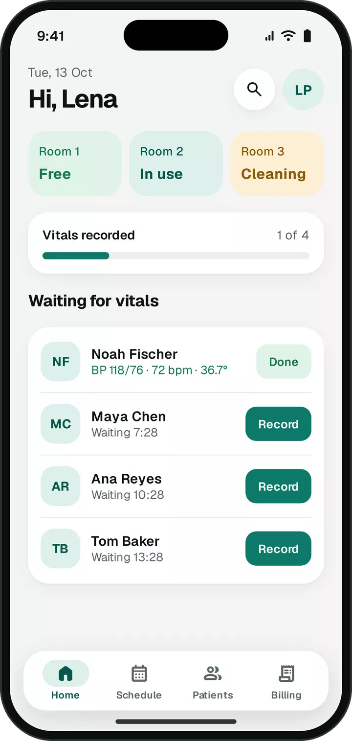 Nurse home with room status and the queue waiting for vitals